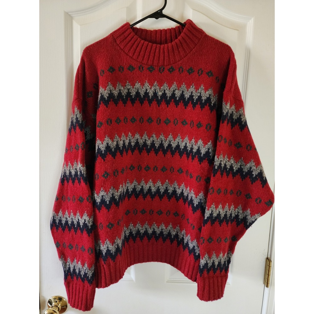 Vintage Alps Mens Red Fair Isle Geometric Knit Mock Neck Sweater Large